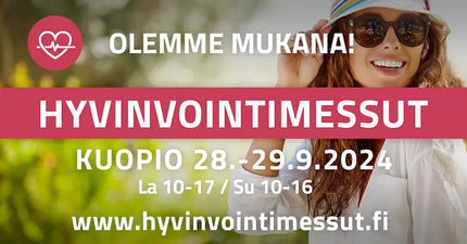 Mainos Kuoion hyvinvointimessuista, nainen aurinkolaseissa taustalla