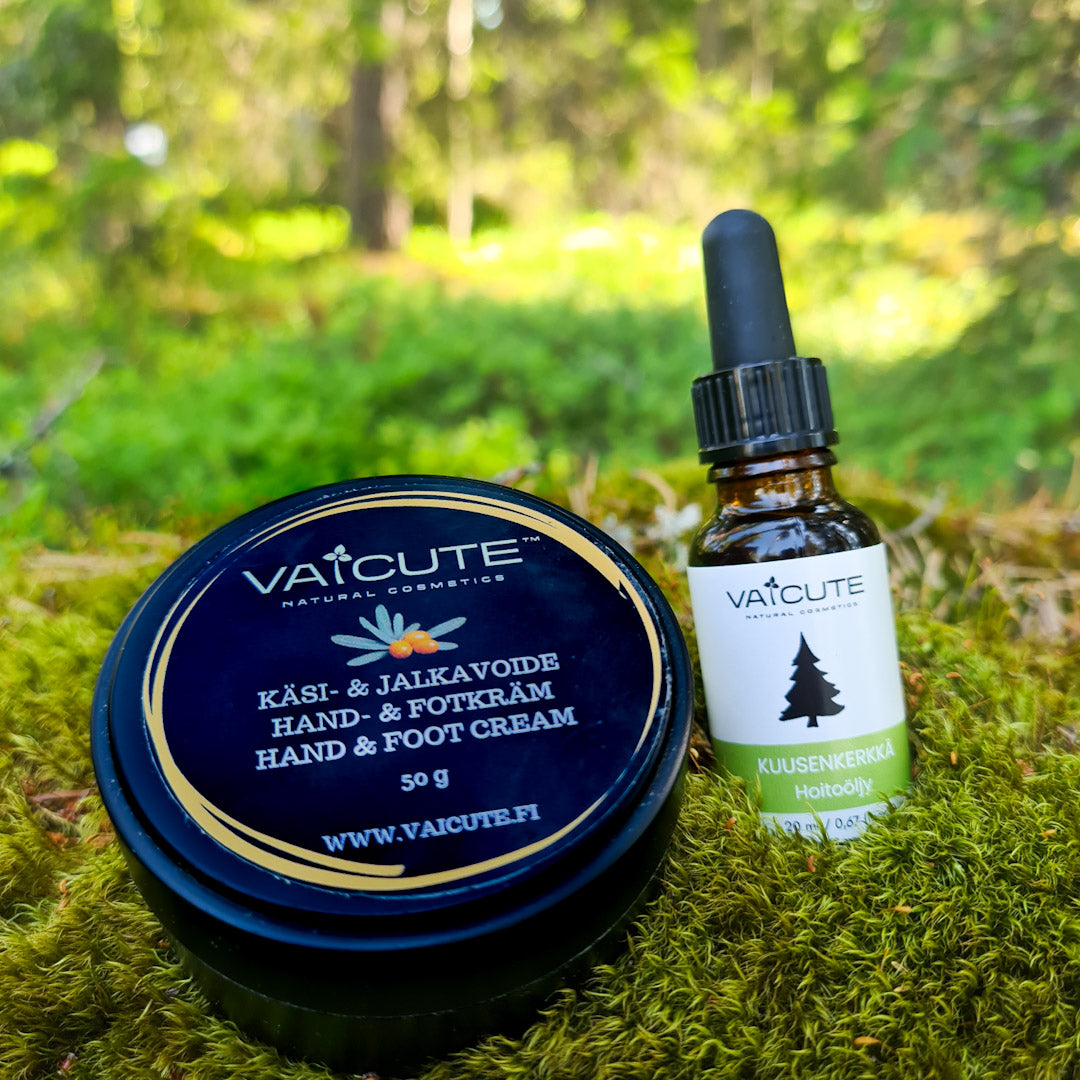 5 x Vaicute: Apila (30 ml) + Kehäkukka (30 ml) + Mustaherukka (30 ml) + Kuusenkerkkä (20 ml) + Tyrni (50 g)