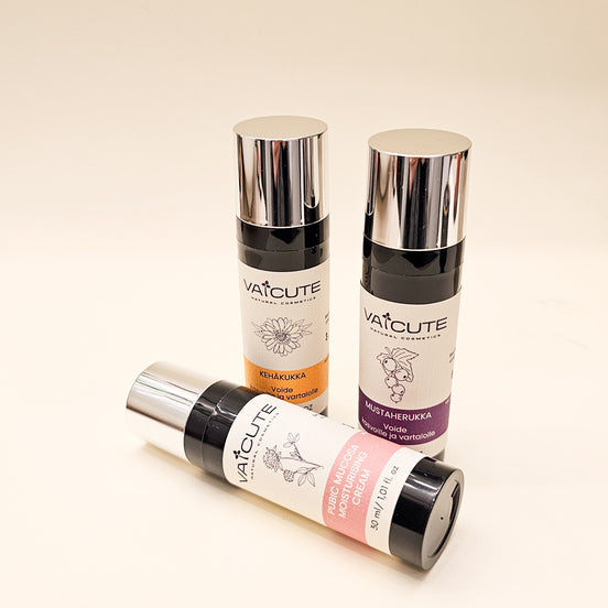3 x Vaicute (30 ml): Apila intiimivoide, Kehäkukka kuivalle iholle ja Mustaherukka sekaiholle