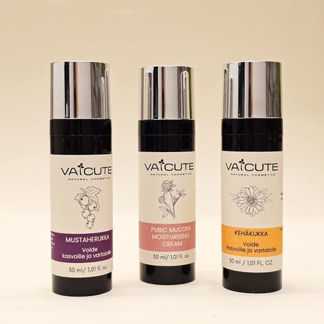 3 x Vaicute (30 ml): Apila intiimivoide, Kehäkukka kuivalle iholle ja Mustaherukka sekaiholle