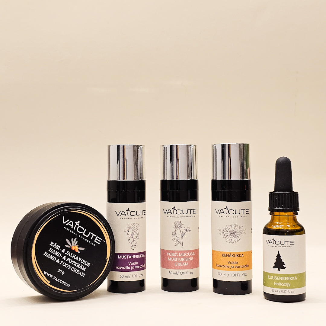 5 x Vaicute: Apila (30 ml) + Kehäkukka (30 ml) + Mustaherukka (30 ml) + Kuusenkerkkä (20 ml) + Tyrni (50 g)