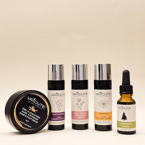 5 x Vaicute: Apila (30 ml) + Kehäkukka (30 ml) + Mustaherukka (30 ml) + Kuusenkerkkä (20 ml) + Tyrni (50 g)