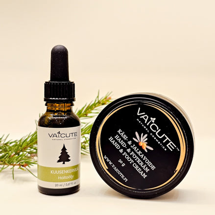 Yhteispakkaus: Kuusenkerkkä hoitoöljy (20 ml) ja Tyrni Käsi- & jalkavoide (50 g)