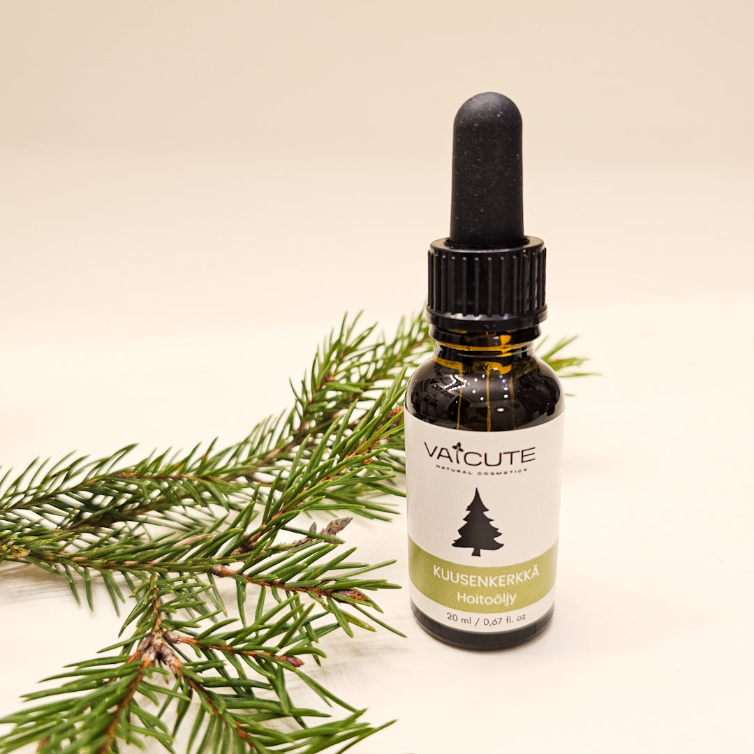 Vaicute kuusenkerkkähoitoöljy tippapullossa, suomalaista luonnonkosmetiikkaa