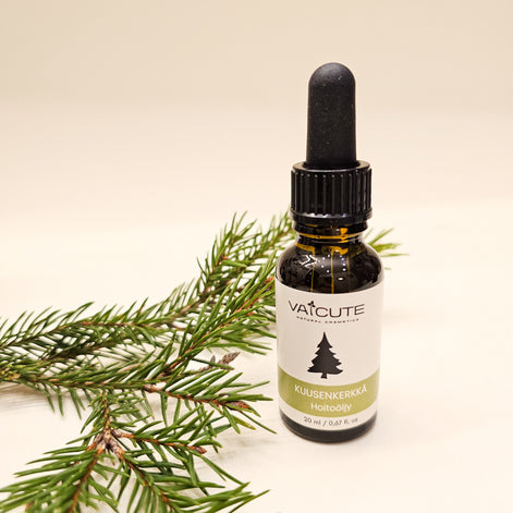 Vaicute kuusenkerkkähoitoöljy tippapullossa, suomalaista luonnonkosmetiikkaa