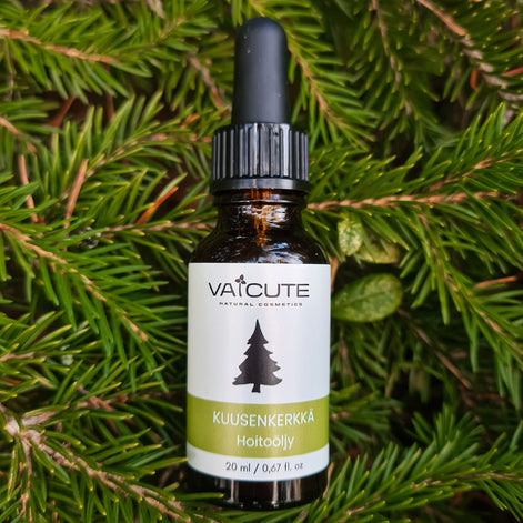 Vaicute kuusenkerkkähoitoöljy tippapullossa, suomalaista luonnonkosmetiikkaa