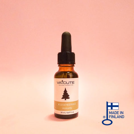 Vaicute kuusenkerkkähoitoöljy tippapullossa, suomalaista luonnonkosmetiikkaa