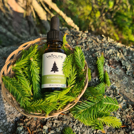 Vaicute kuusenkerkkähoitoöljy tippapullossa, suomalaista luonnonkosmetiikkaa