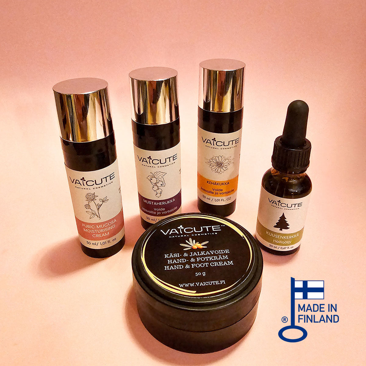 5 x Vaicute: Apila (30 ml) + Kehäkukka (30 ml) + Mustaherukka (30 ml) + Kuusenkerkkä (20 ml) + Tyrni (50 g)