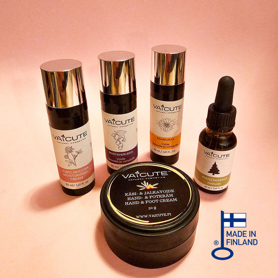 5 x Vaicute: Apila (30 ml) + Kehäkukka (30 ml) + Mustaherukka (30 ml) + Kuusenkerkkä (20 ml) + Tyrni (50 g)